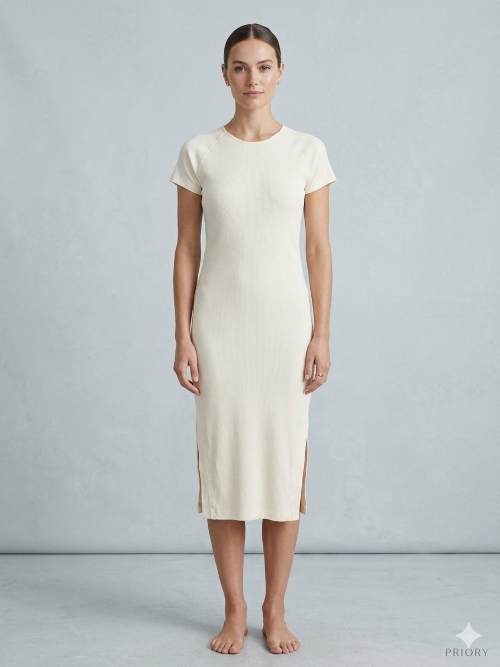 PRIORY Cream Ivory Rayon Crinkle Knit Midi Maxi Dress Size S/M  Minimalist
